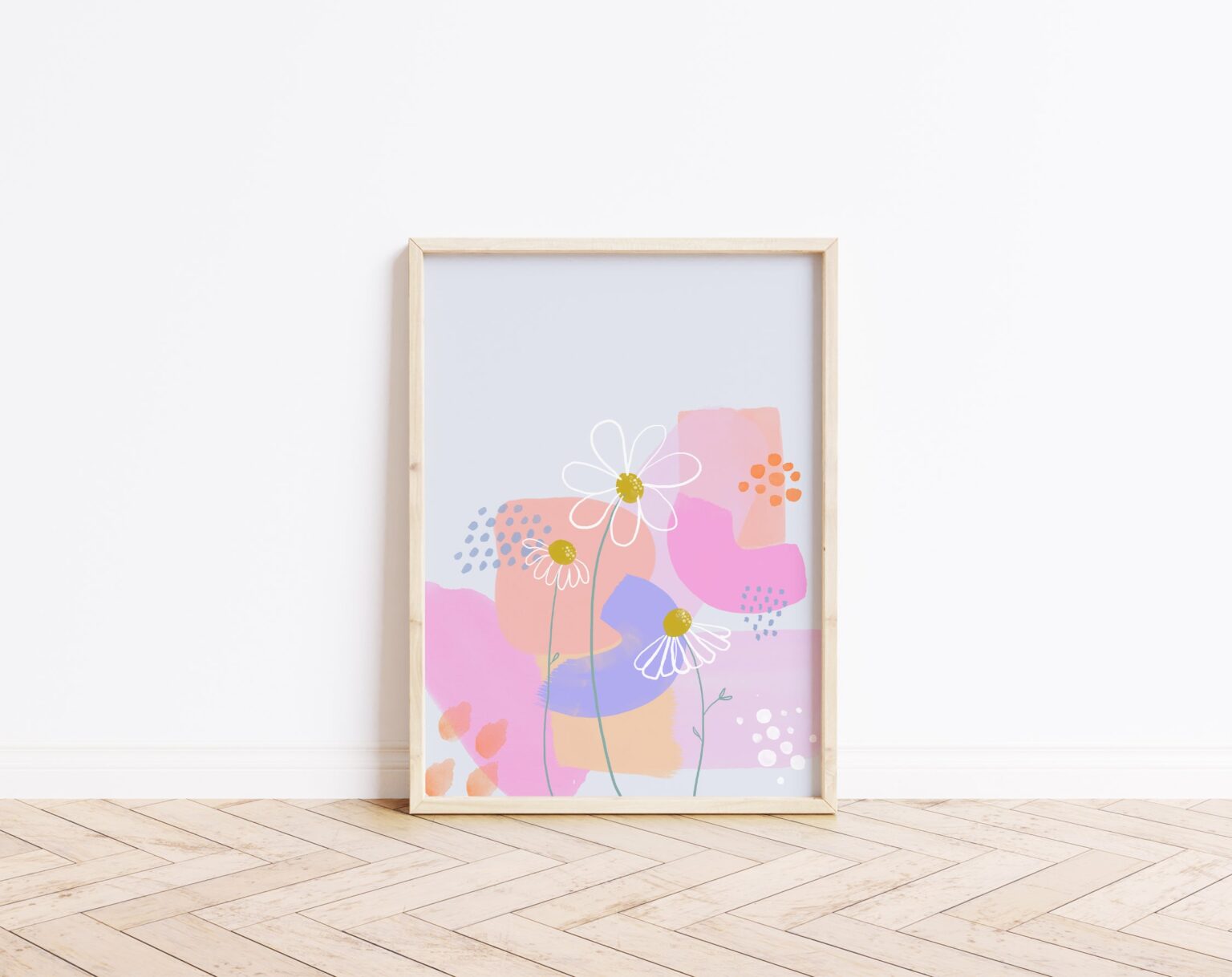 hand drawn daisies and painted abstract shapes mixed together to make a modern art print