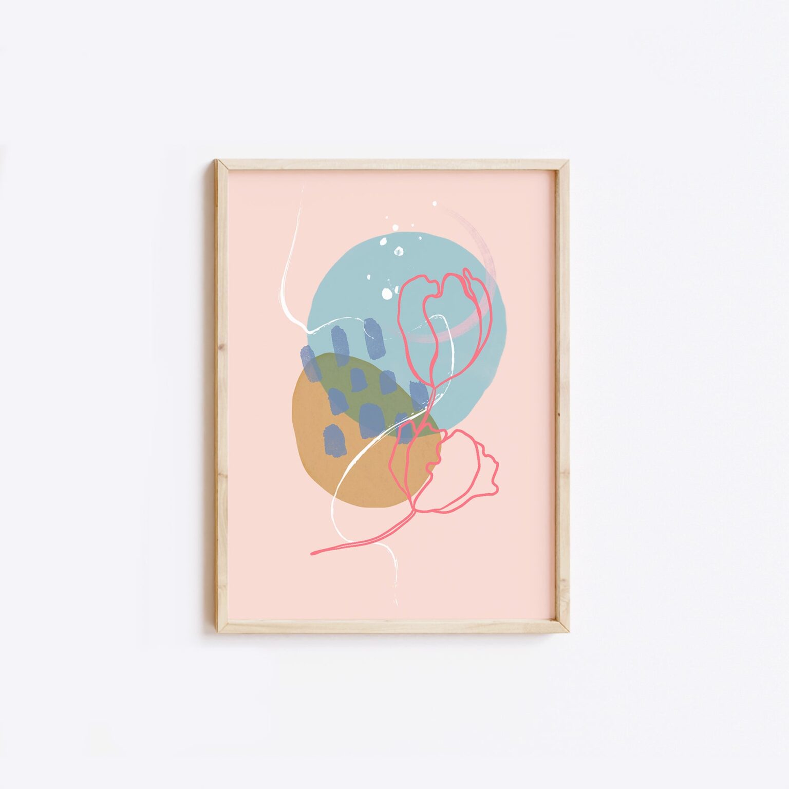pink hand drawn flower illustration print. flower and abstract mix print. neutral modern home decor. art print for colourful home. pink and blue art print in frame