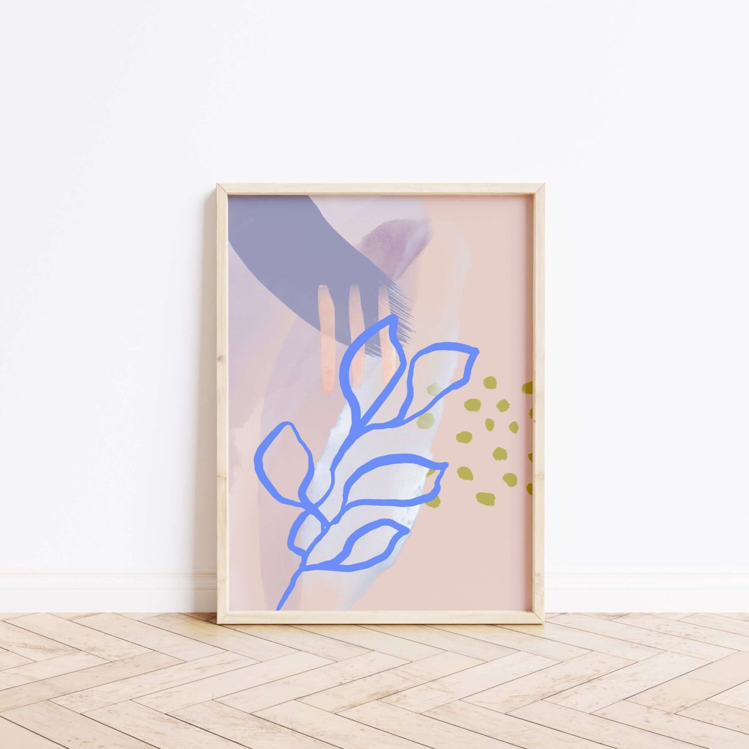 a beautiful modern art print, blue hand drawn flowers leaf mixed with pink and neutral abstract marks. perfect new home decor