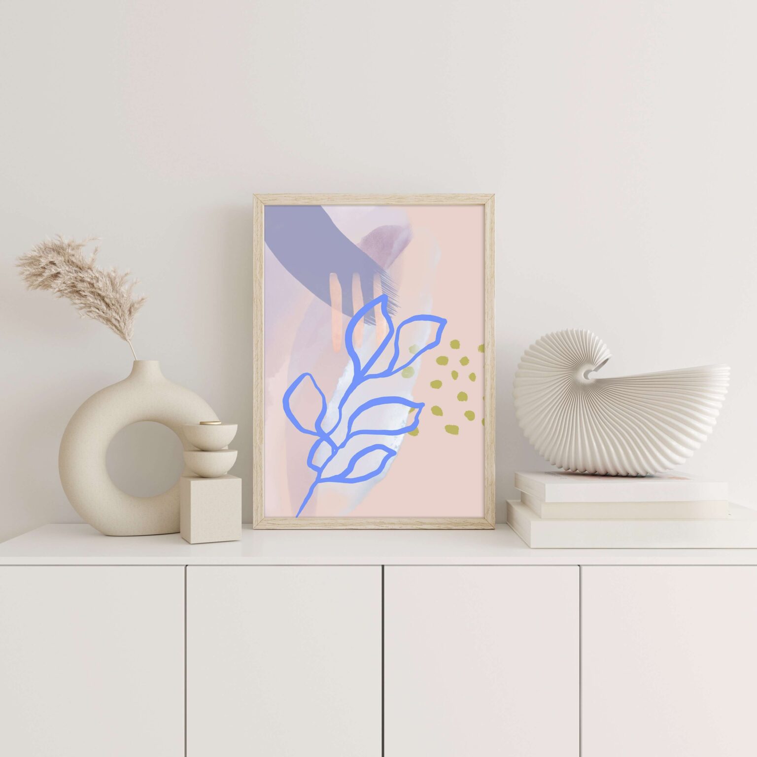 blue and pink floral mixed art print. art print in beautiful neutral modern home