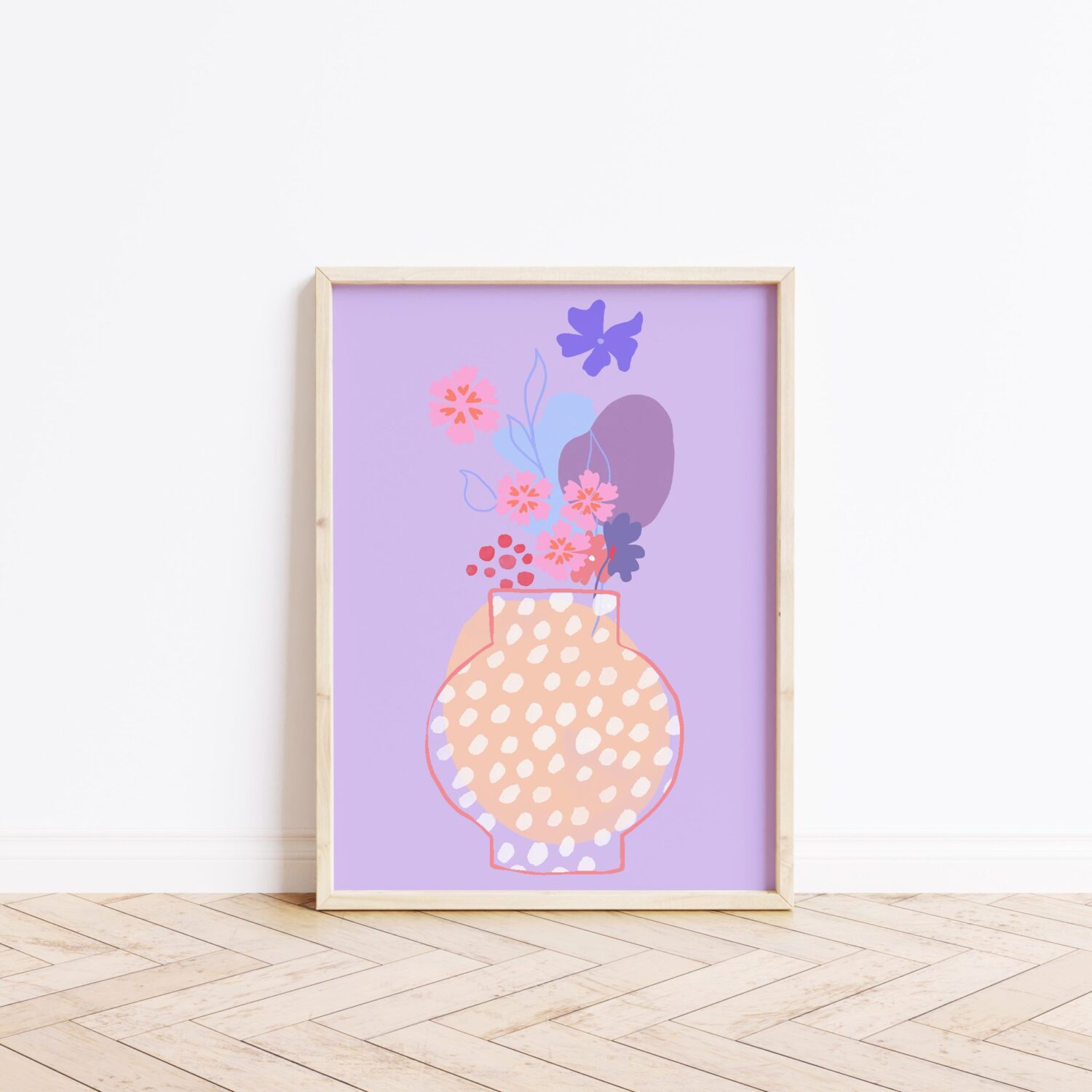 bang on trend lilac art print. colourful cool art print. flowers in vase art in frame