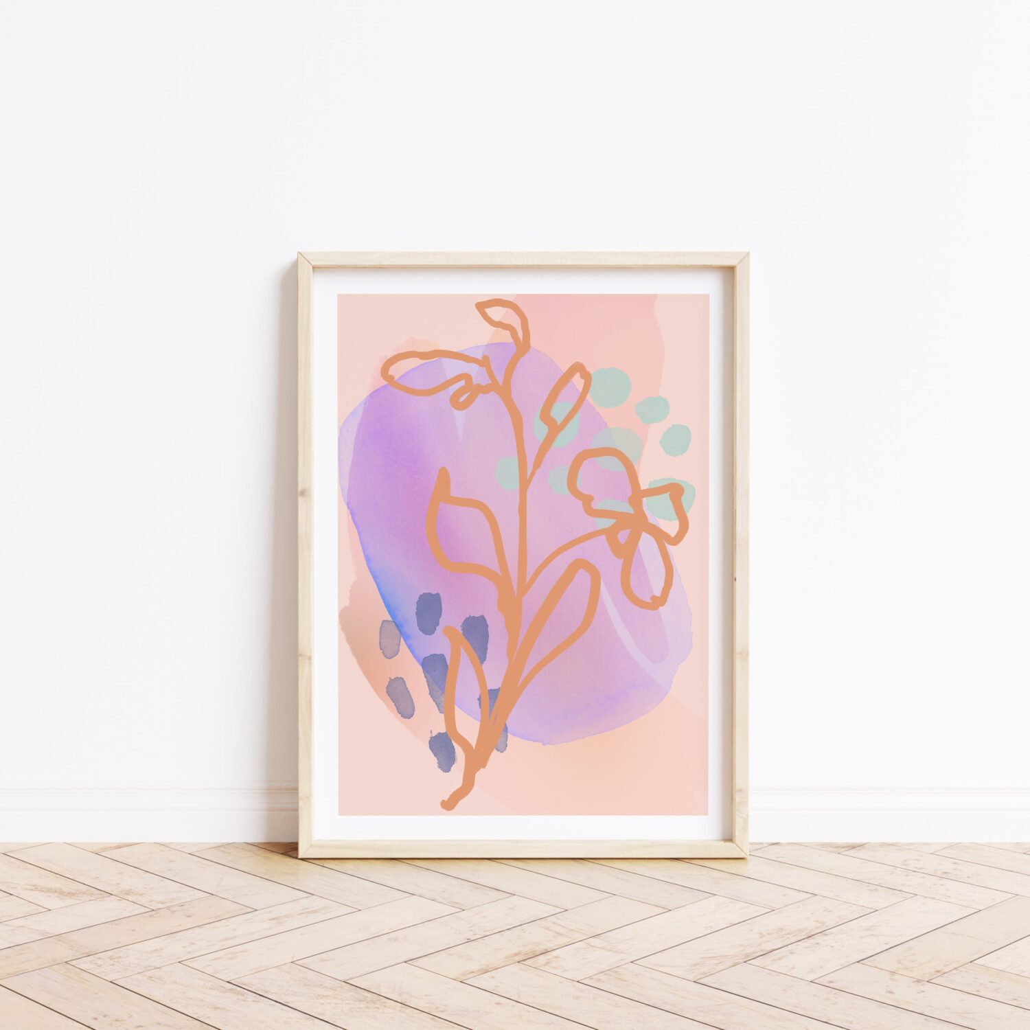 orange and purple art print. hand drawn flower print. hand drawn flower illustration and abstract marks mixed art. modern home decor