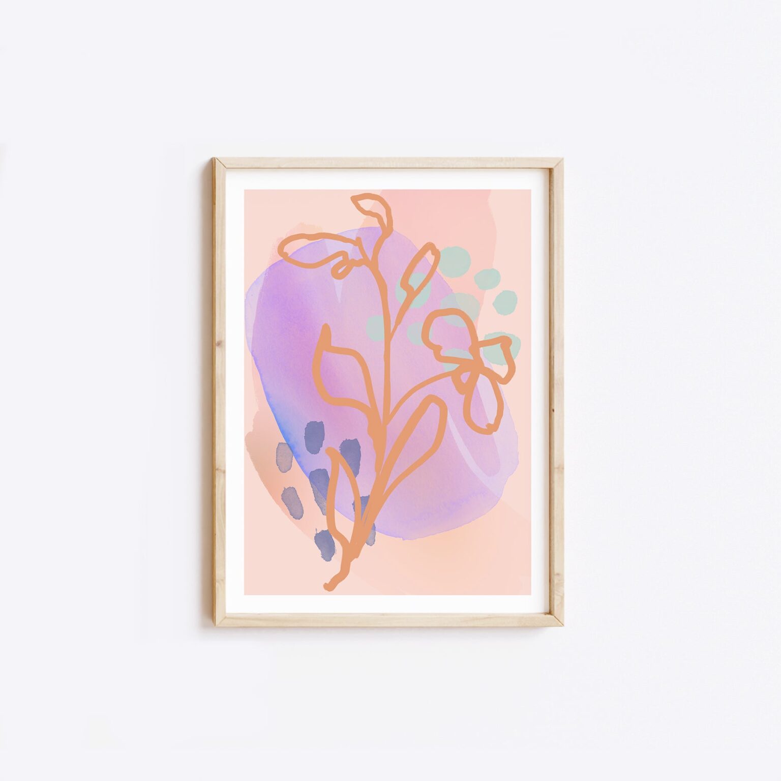 orange and purple art print. hand drawn flower print. hand drawn flower illustration and abstract marks mixed art. modern home decor