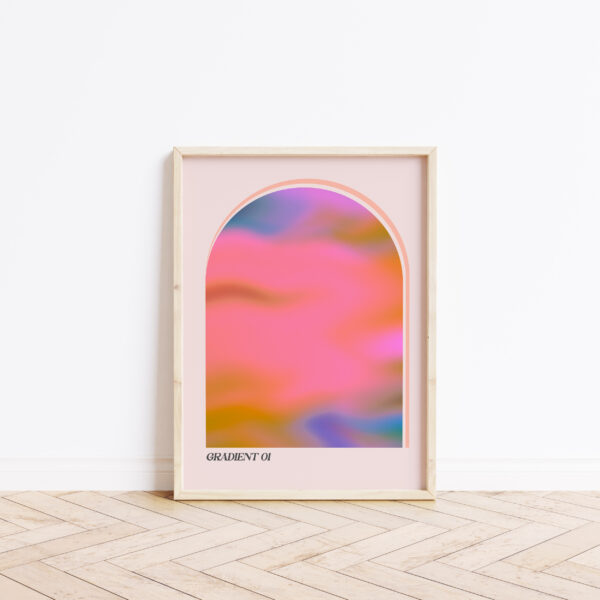 trendy colourful art print with an arch of pinks and orange gradients