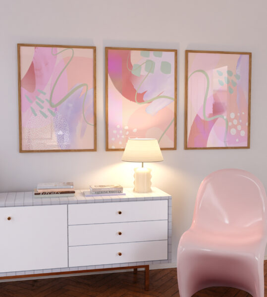 set of 3 pink abstract mark art prints in pink bedroom